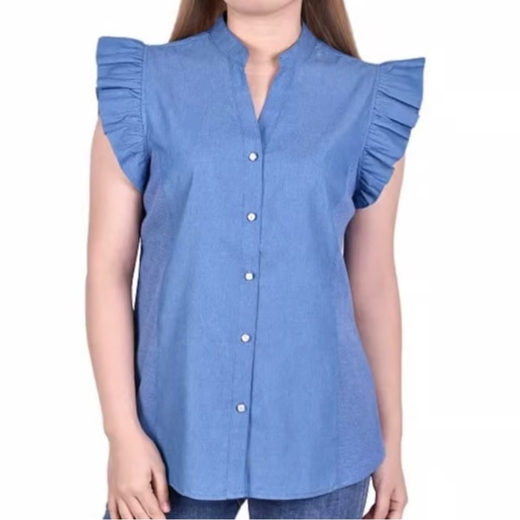 4. NY Collection Blouse Blue Ruffle Flange Sleeveless Chambray Size Large - Picture 1 of 6